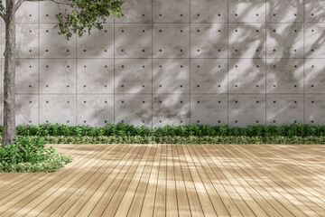 Modern contemporary empty wooden terrace with blank concrete wall 3d render with shadow tree on the wall