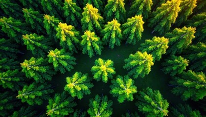 Fototapeta premium Aerial view of a forest with trees and plants, nature, green, trunk