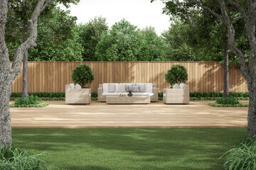 Modern contemporary wooden terrace with rattan furniture 3d render surrounded by green nature