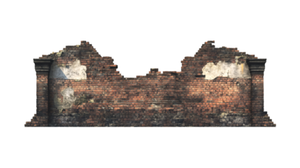 Weathered brick wall revealing fractured plaster, structural columns crumbling, representing urban decline against transparent backdrop