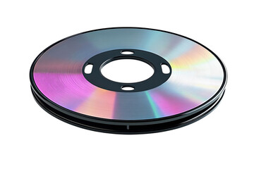 A reflective compact disc resting on a spindle under soft lighting in a cozy room setting isolated on transparent background