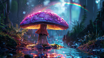 Illuminated fantasy mushroom in a mystical forest under rainfall.