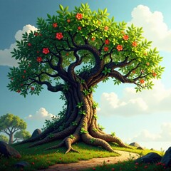 Ancient, gnarled tree with vines and flowers , tree, nature, flower