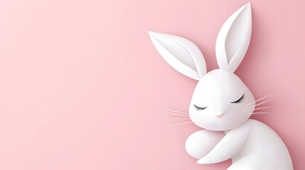 Obraz premium Elegant Happy Easter Greeting Card with Cute White Bunny on Soft Pink Background.