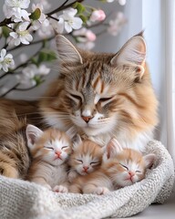 Cat Mother and Baby Kittens in a Cozy Springtime Scene, Cat Mother and Baby Love, Cat Mother and Baby Bonding.