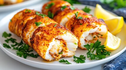 Grilled seasoned lobster tails garnished with parsley and lemon