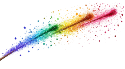 Rainbow colored magic wand leaving a sparkling trail of glitter and stars, ideal for fantasy and fairytale projects