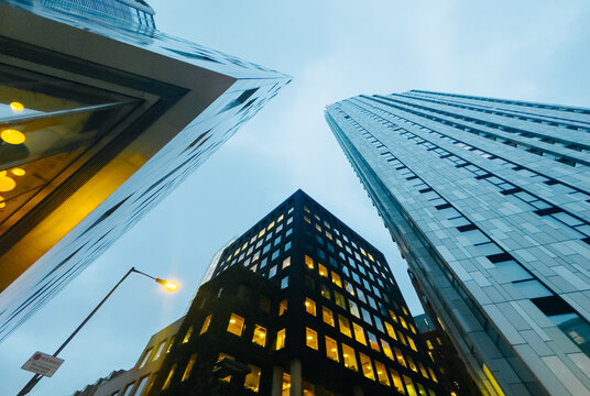 Modern London skyscrapers reaching for the sky at dusk