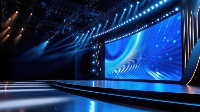 Modern stage setup with large LED screen and blue lighting