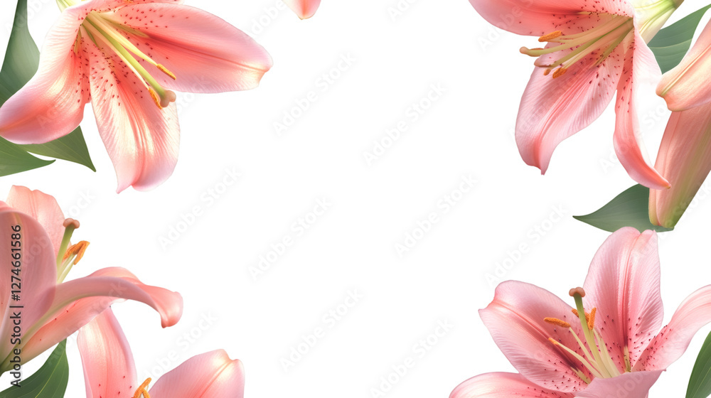 Aufkleber Beautiful pink lily flowers creating a frame on a transparent background, perfect for adding a touch of elegance to any design