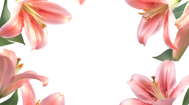 Beautiful pink lily flowers creating a frame on a transparent background, perfect for adding a touch of elegance to any design
