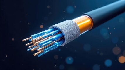 An abstract close-up reveals the inner workings of a multi-strand blue and copper data cable. Concept of: Network connectivity.