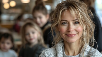 Happy mother smiling, children blurred background, cafe, family portrait, website banner