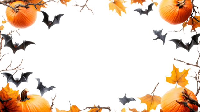 Festive Halloween border featuring carved pumpkins, flying bats, falling autumn leaves on transparent backdrop for seasonal graphic design