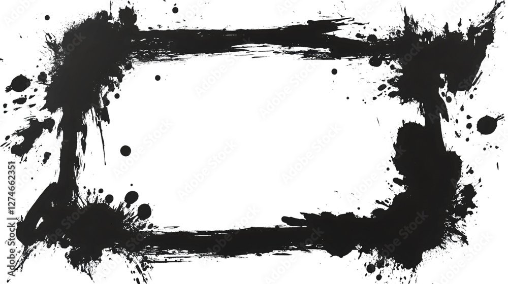 Poster Black ink splatters creating a frame on a transparent background, ideal for adding a grunge touch to designs