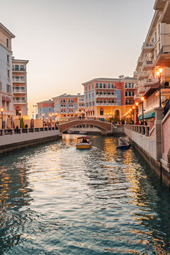 Evening view of the canal and houses in the Pearl Island of Qatar