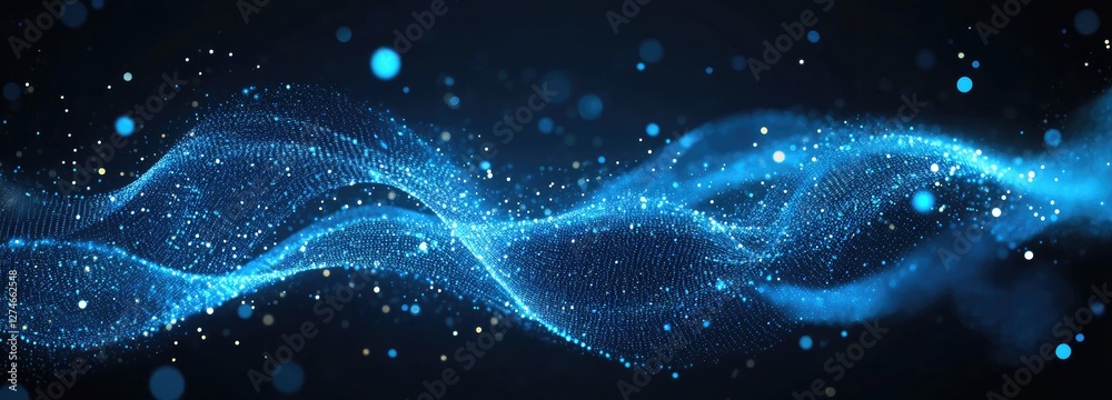 Poster a glowing blue wave of digital particles flowing in a dark space, representing futuristic technology