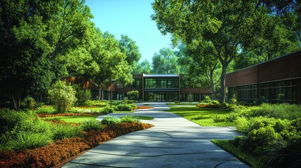 Fototapeta premium Modern office building in lush green park; sunny day; landscaping; corporate campus; architecture