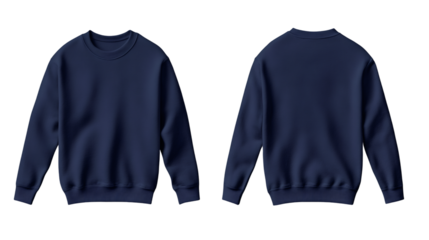 Navy blue sweatshirt hanging on transparent backdrop, presenting realistic fabric texture and clean design space