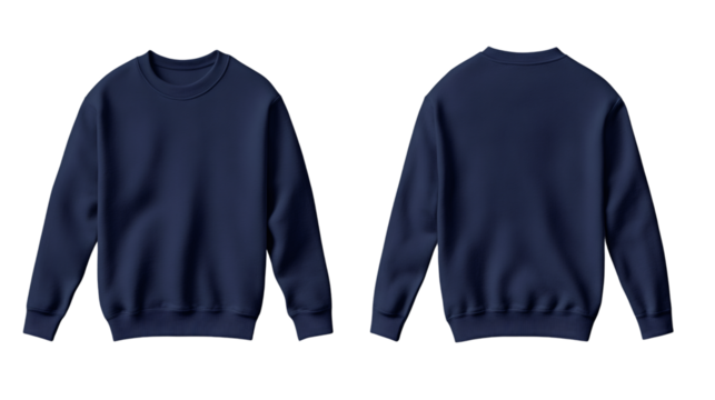 Navy blue sweatshirt hanging on transparent backdrop, presenting realistic fabric texture and clean design space