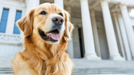 Golden Retriever in front of neoclassical building with columns, tongue out