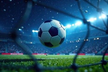 Fototapeta premium Ball flying through the air in blue filet net , net, movement, sports