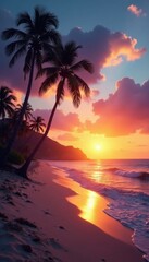 Beach at sunset with palm trees swaying in the breeze, palm grove, serene atmosphere, sunset