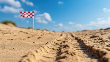 Red-and-white checkered flag on sandy beach with clear skies