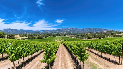 Obraz premium Scenic vineyard landscape with mountains under clear blue sky