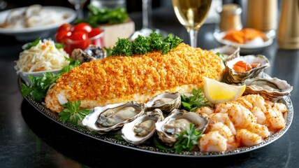 Seafood platter with oysters, shrimp, fish, lemon, fresh herbs, and vegetables