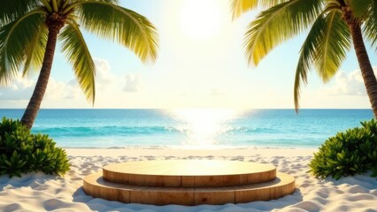 Fototapeta premium A two-tiered wooden stage sits on a tropical beach with palm trees and a sparkling ocean. Concept of: Luxurious presentation