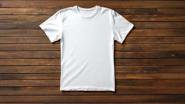 Top-down view of a plain white t-shirt on a wooden surface, ideal for video showcasing apparel designs or branding concepts.