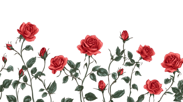 Seamless horizontal border with blooming red roses, buds and green leaves on transparent background, perfect for romantic designs