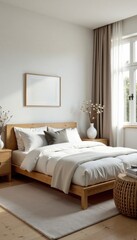 Bedroom with white walls and wooden furniture, modern, high end, minimalist