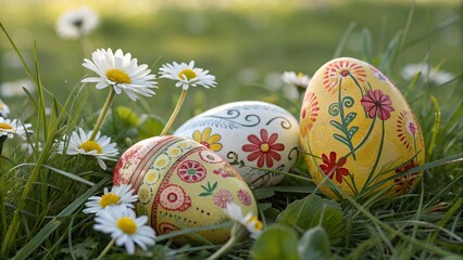 Colorfully decorated Easter eggs nestled among flowers in a garden