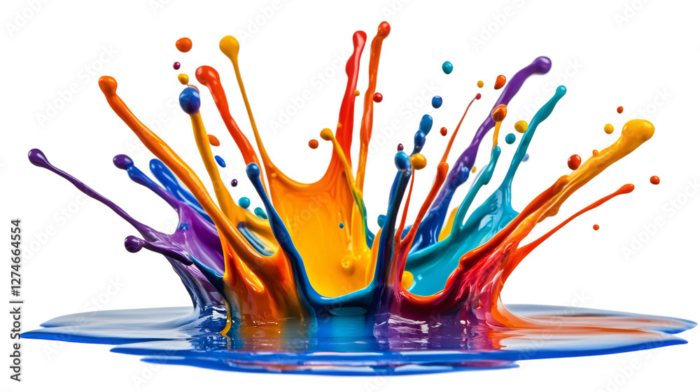Poster Vivid paint colors blending, swirling dynamically, generating colorful liquid splash pattern on clean transparent surface
