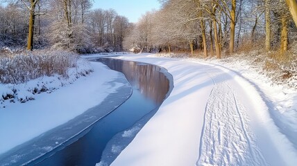 Obraz premium Snow-covered path alongside partially frozen river in winter landscape with bare trees