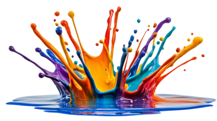 Vivid paint colors blending, swirling dynamically, generating colorful liquid splash pattern on clean transparent surface