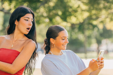 girl with phone spying on her friend's mobile phone or smartphone
