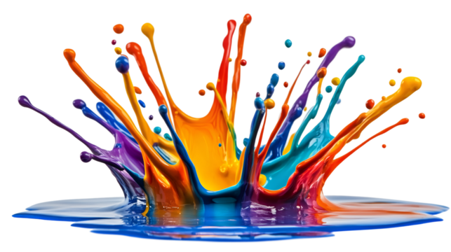 Vivid paint colors blending, swirling dynamically, generating colorful liquid splash pattern on clean transparent surface
