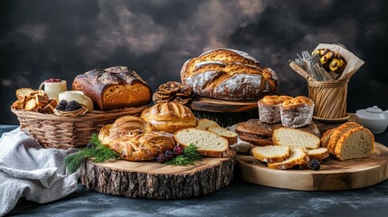 Assorted freshly baked breads and pastries displayed on wooden boards with rustic decor