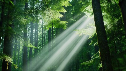 Obraz premium Sunlight streaming through lush green forest with tall trees