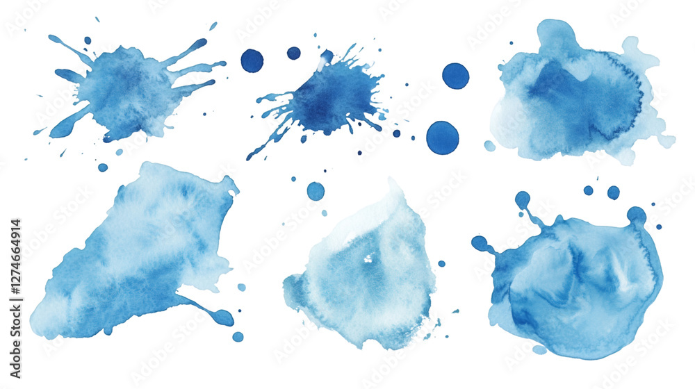 Poster Blue watercolor splashes isolated on transparent background, perfect for adding a touch of color to any design project