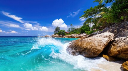 Tropical beach with clear blue waters, rocks, and lush greenery on sunny day