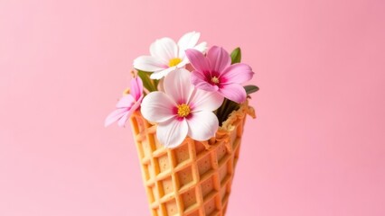 White and pink cosmos flowers fill an ice cream cone against a pastel pink background.
Concept of: Floral sweetness.