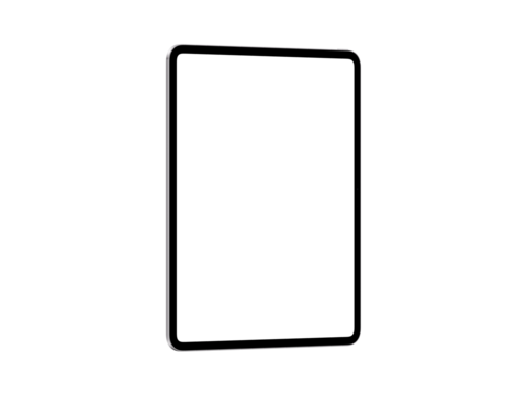 A highly detailed, transparent tablet mockupv in left view featuring blank screen in 10k resolution.