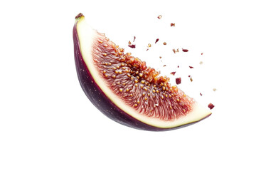 A beautifully sliced fig floating gracefully in the air, showcasing its vibrant interior details isolated on transparent background