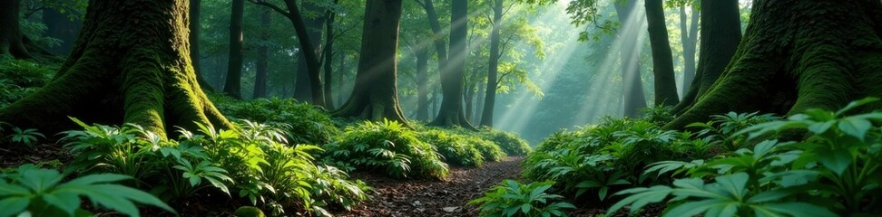 Black forest landscape with ferns and moss, dark, moss, dense