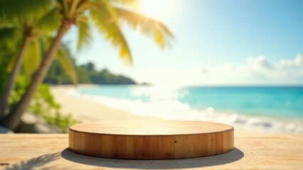 Obraz premium A wooden platform stands on a sandy surface with a blurred tropical beach in the background. Concept of: Beach product display.