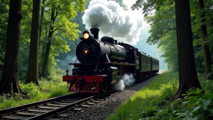 A vintage steam train travels through a lush green forest emitting smoke. Concept of nostalgic travel.